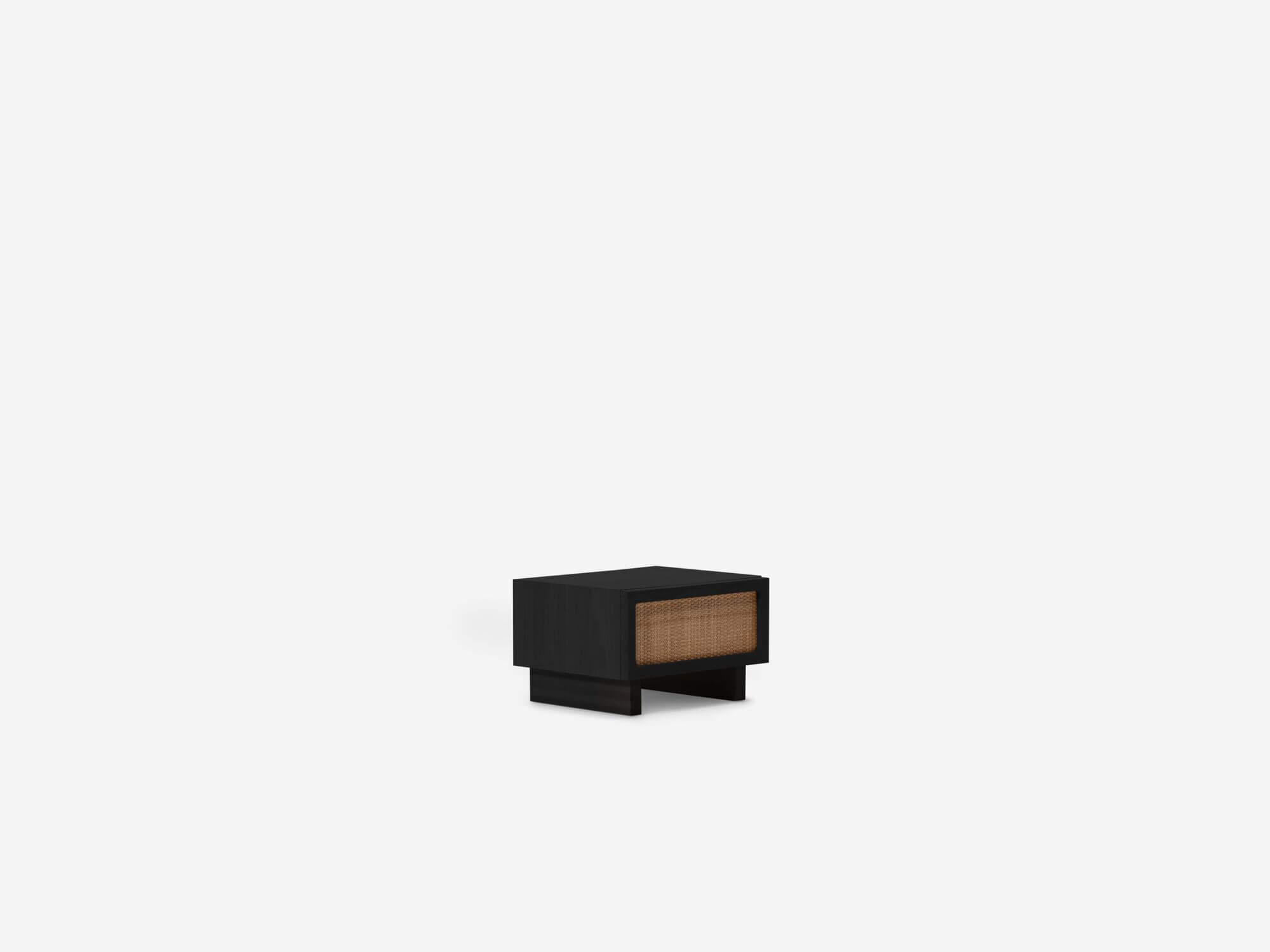 Black oak nightstand with woven drawer fronts front angle view